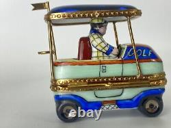 Limoges 13/500 Limited Edit New Blue Green Golf Cart Golfer Trinket Box Auth