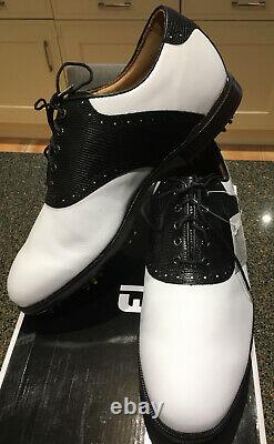 New In Box Footjoy Icon Black Golf Shoes Uk10 Wide Fit White/Black Lizard 52007K